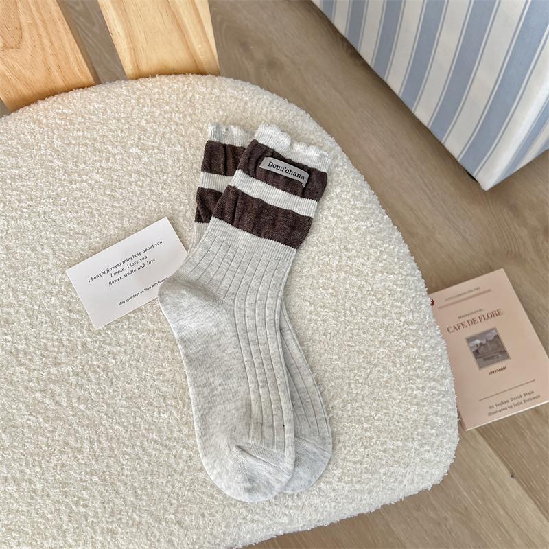 Female Autumn Winter Letter Cloth Label Sweet Fungus Lace Bubble Mouth Tube Stack Socks