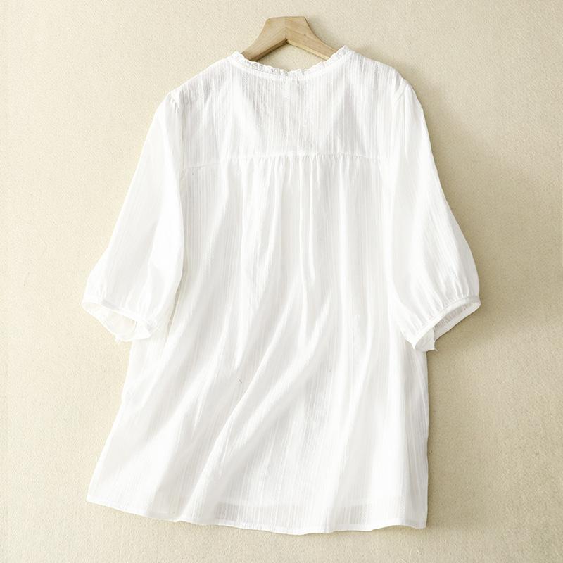 Художественная ретро хлопковая белая рубашка летняя тонкая кружевная V-образная горловина темпераментная рубашка с короткими рукавами блузки и рубашки