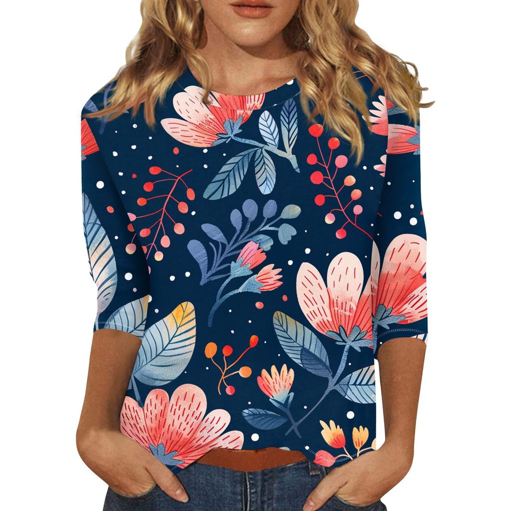 Women's Floral Print Round Neck Top With Three Quarter Sleeves T-Shirt Three Quarter Sleeves T-Shirt
