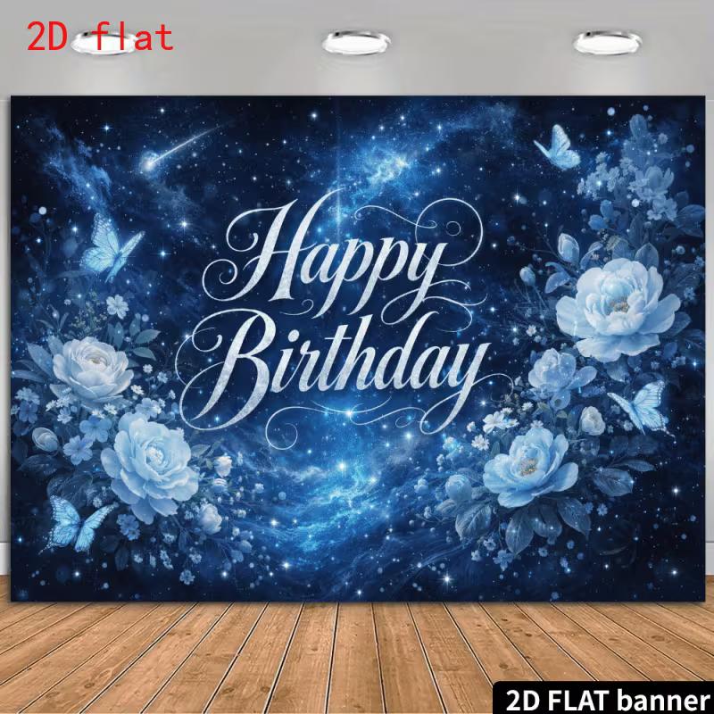 2D Dark Blue Galaxy Happy Birthday Backdrop with Flowers and Butterflies Party Banner