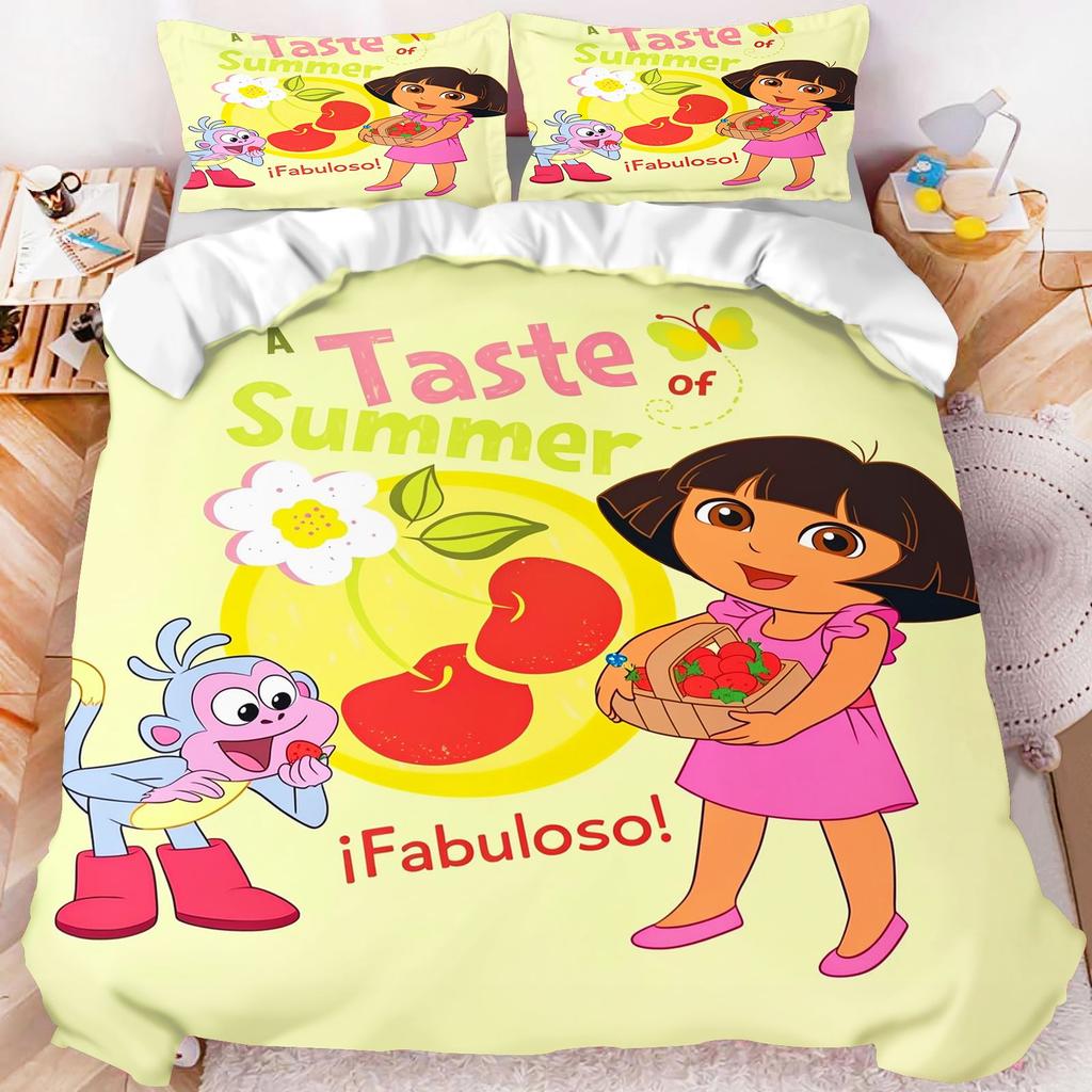 Dora The Explorer Bedding Set Duvet Cover Purple Background Heart Print Boots Monkey Pillowcase Kids Bedroom