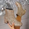 Women Ankle Boots 2025 New Fashion Sequins Round Toe Boots Women Autumn Winter Party Chunky Heels Shoes for Women Botas De Mujer