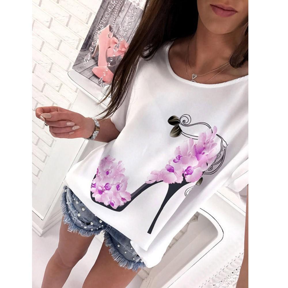 Women's Loose T-shirt Sleeves High Heels Printed T-shirt Short-sleeved Top