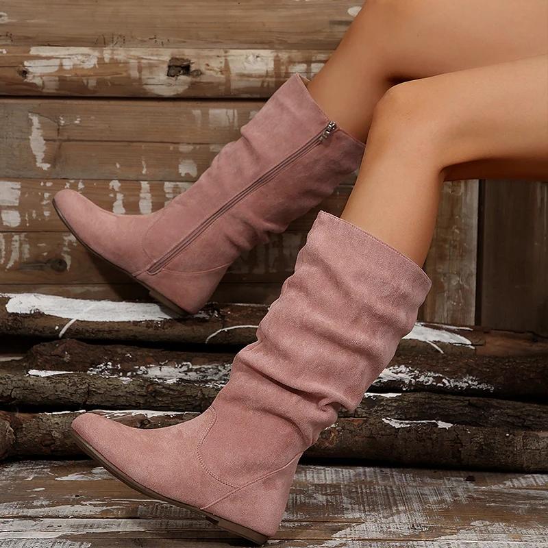 Fashion Flats Women Mid-calf High Boots Fashion Suede Shoes Winter Women 2024 Trend Casual Walking Snow Boots Zipper Pleated Mujer Botas