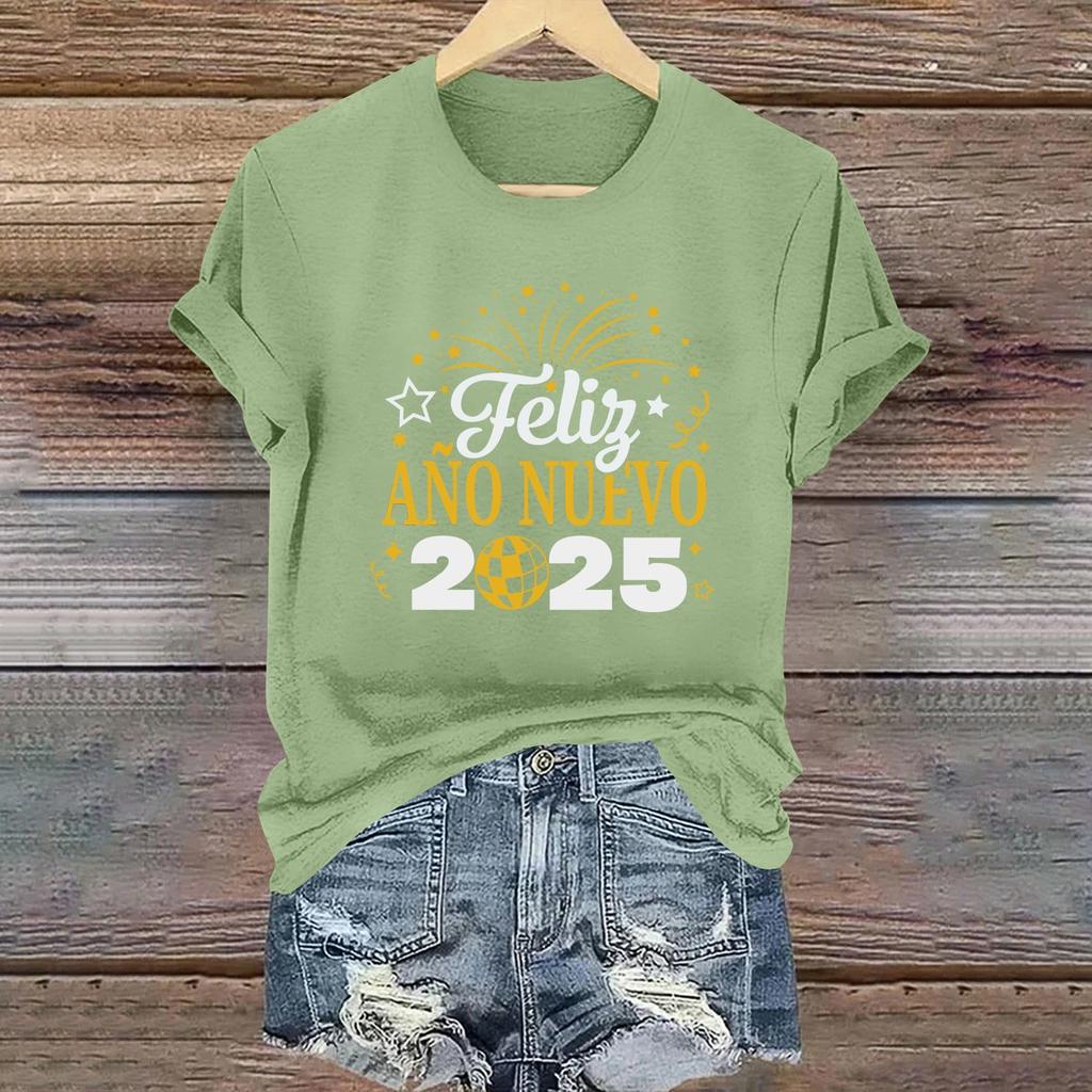 Women's Long Sleeve Round Neck T-Shirts 2025 New Year Print Puff Sleeve Shirts Button Blouses Tops