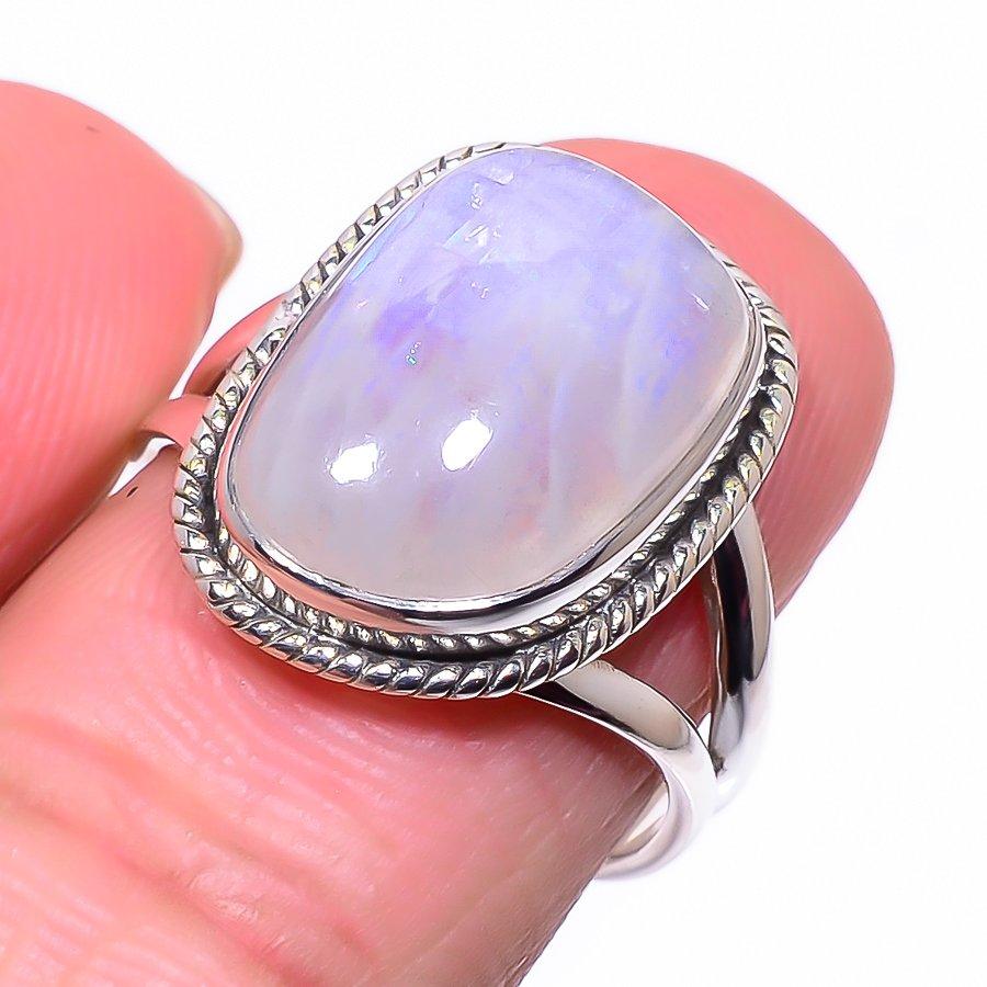 Кольцо из стерлингового серебра 925 пробы с натуральным радужным лунным камнем, размер 7,5 e5F70