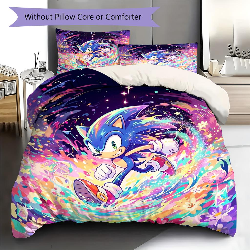 Hedgehog Sonic Pattern Bedding Quilt Set Quilt Cover Pillowcase Home Decoration Birthday Gift (1 * duvet cover + 2 * pillowcase, without core)