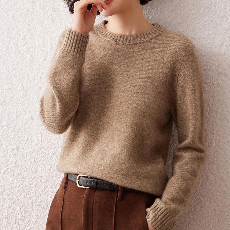 Women's 7-Gauge Double-Ply Cashmere Sweater - Autumn/Winter 2026 Collection, Versatile Solid Color Round Neck Sweater