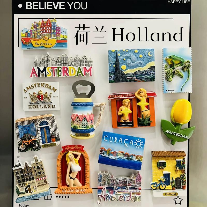 Netherlands Amsterdam Bicycle Windmill Tulip Resin Fridge Magnet Stickers Travel Souvenir Gift Landscape Home Kitchen Decor