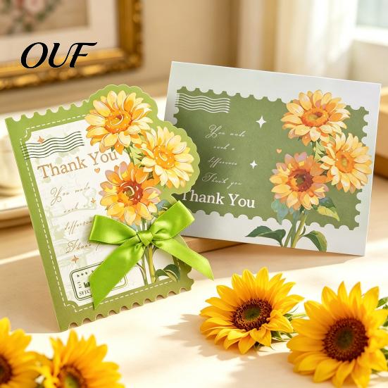 Decorative Greeting Cards Floral Card with Envelope, Thank You Ribbon Bow, Note Envelope Best Wishes for Wedding, Birthday, Baby Shower, Graduation