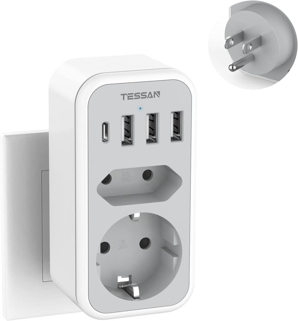 Tessan Socket Adapter USA Canada France with 3 USB and 1 USB C,Socket Adapter EU To USA, Socket Adapter EU To Canada Mexique Thailande,Type B