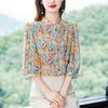 Шифоновая рубашка с рукавом 3/4 и цветочным принтом, женская мода, уменьшающая возраст, топ для мамы, воротник-стойка, блузка с принтом, M-4XL