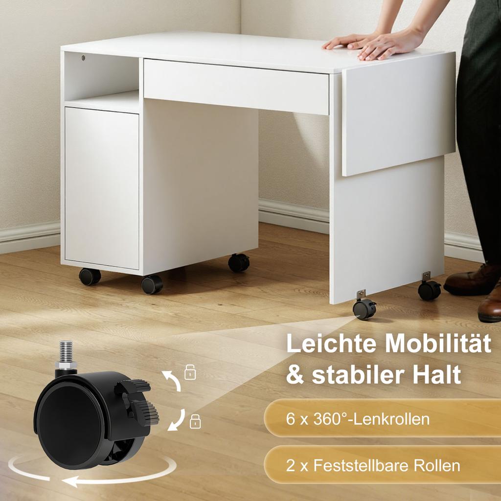 Rollable Computer Table Foldable Desk With Cabinet And Drawer Particle Board White