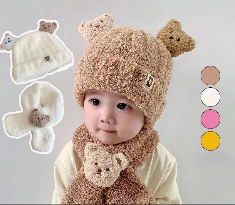 Baby Autumn and Winter Warm Hat Plush Scarf Two-piece Set Cute Teddy Bear Thick Male and Female Baby Yarn Hat