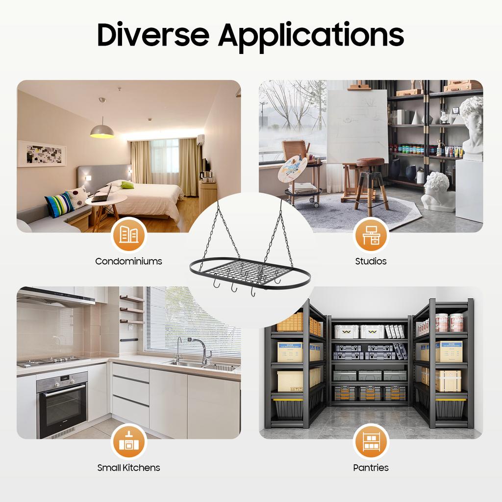 Потолочная подвесная полка 10 крючков, кухонный органайзер с сетчатой полкой, прочная железная конструкция для хранения кастрюль, сковородок, утвари, экономия места в небольшом помещении