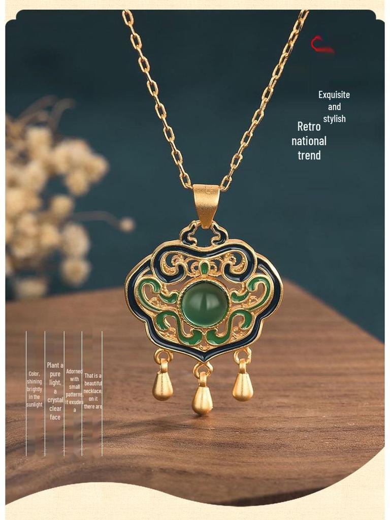 Vintage Court Style Enamel Filigree Necklace with Inlaid Green Chalcedony Ruyi Lock for Women