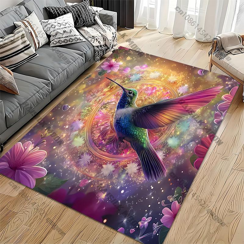 Vibrant hummingbird amidst flowers carpet Yoga living room room decor children's crawling mat doormat area rug games mat