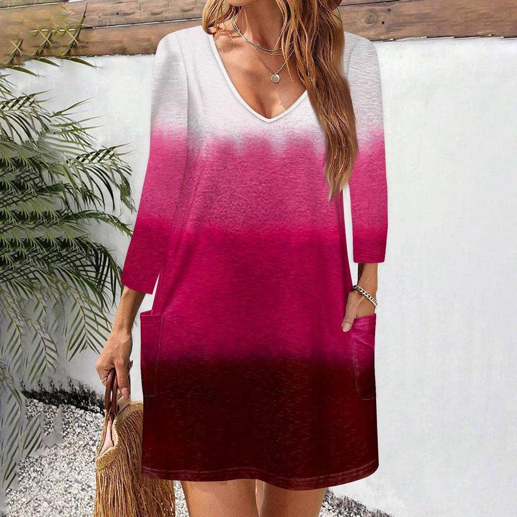 Women's Casual And Fashionable V-neck Gradient Printed Pocket 3/4 Sleeve Loose Fitting Dress