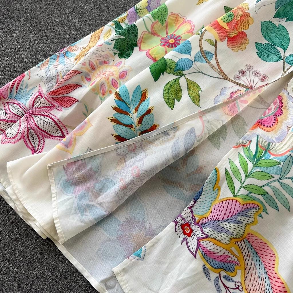 Plus Size Elegant Floral Print Holiday Beach Long Maxi Robe Dresses Women Spring Summer Stand Lantern Sleeve Sashes Robes