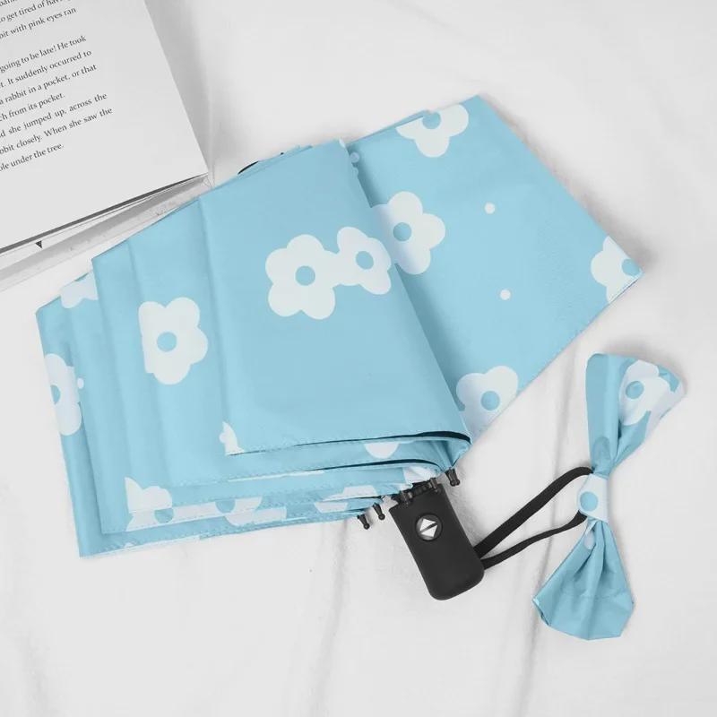 Автоматический женский зонт-цветок двойного назначения: Защита от ветра/дождя и УФ-излучения с тройным складыванием на черном клее.