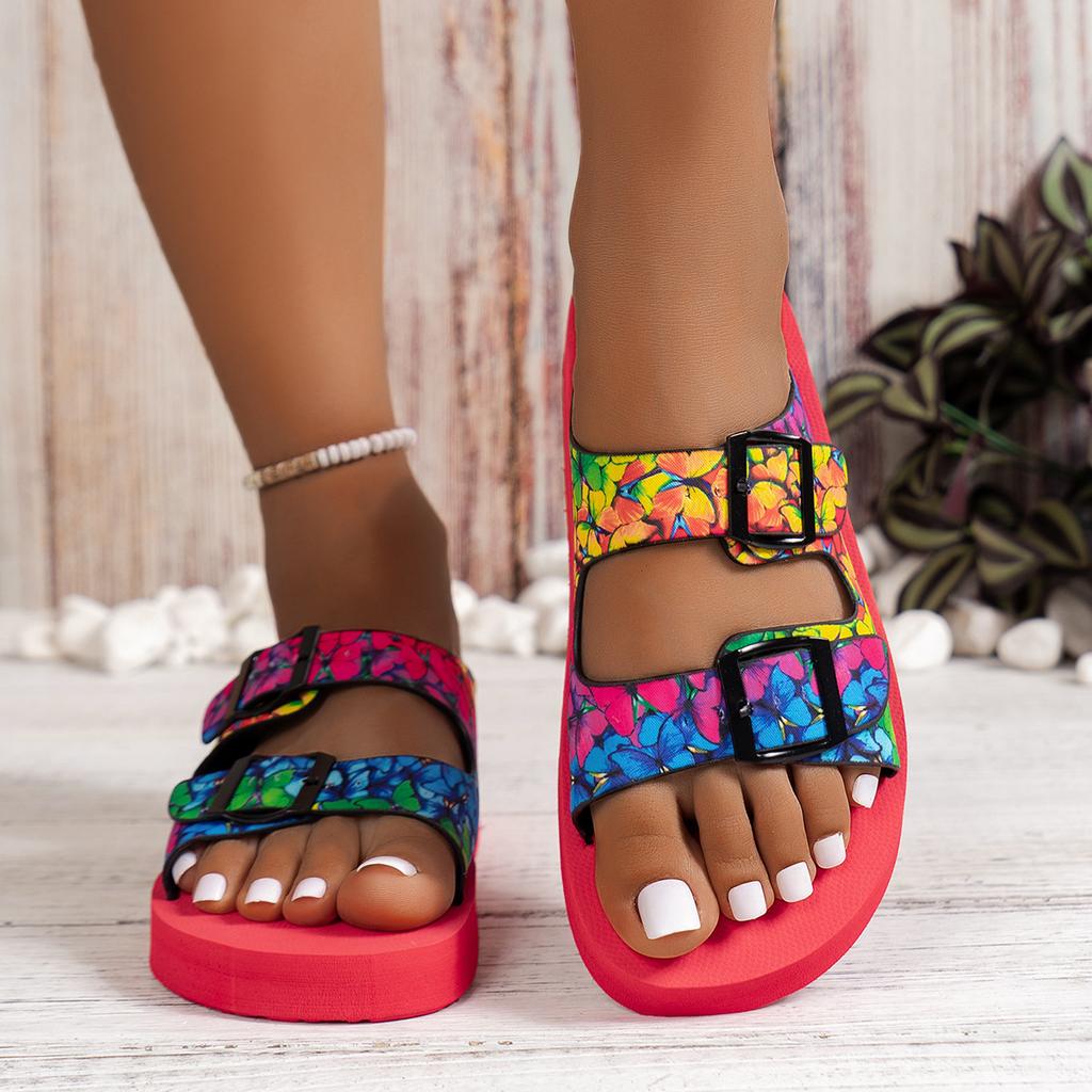 Buckle Belt Flat Slippers 2024 Summer New Multicolour Round Toe Open Toe Slipper Fashion Romen Flat Sandals Shoe for Women