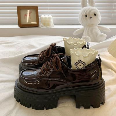 Туфли женские коричневые кожаные ретро-стиле, осень 2025 г., французские лакированные туфли на платформе, со шнуровкой и круглым носком