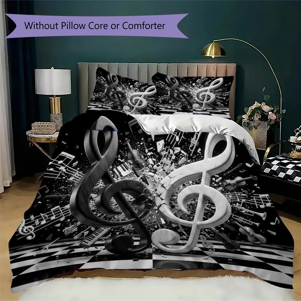 Classic Black Treble Clef Pattern Bedding uilt Set uilt Cover Pillowcase Home Decoration Birthday Gift (1 * duvet cover + 2 * pillowcase without core)