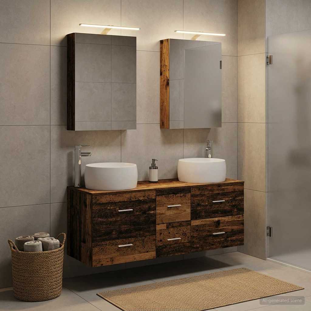 Bathroom Furniture Set 5 pcs Reclaimed Wood Look Engineered Wood and Glass