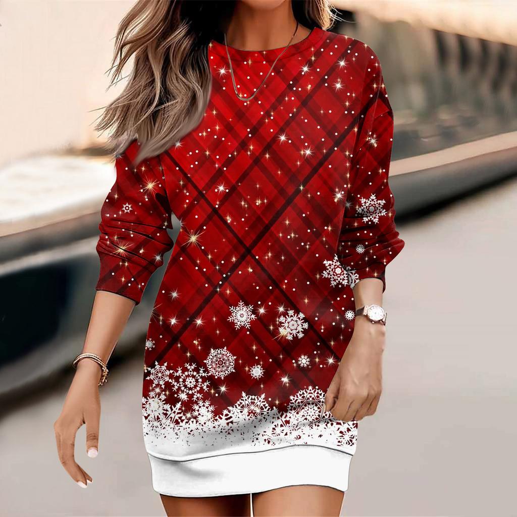 Women's Fashion Round Neck Christmas Print Long Sleeve Wrap Hip Dress Sweater