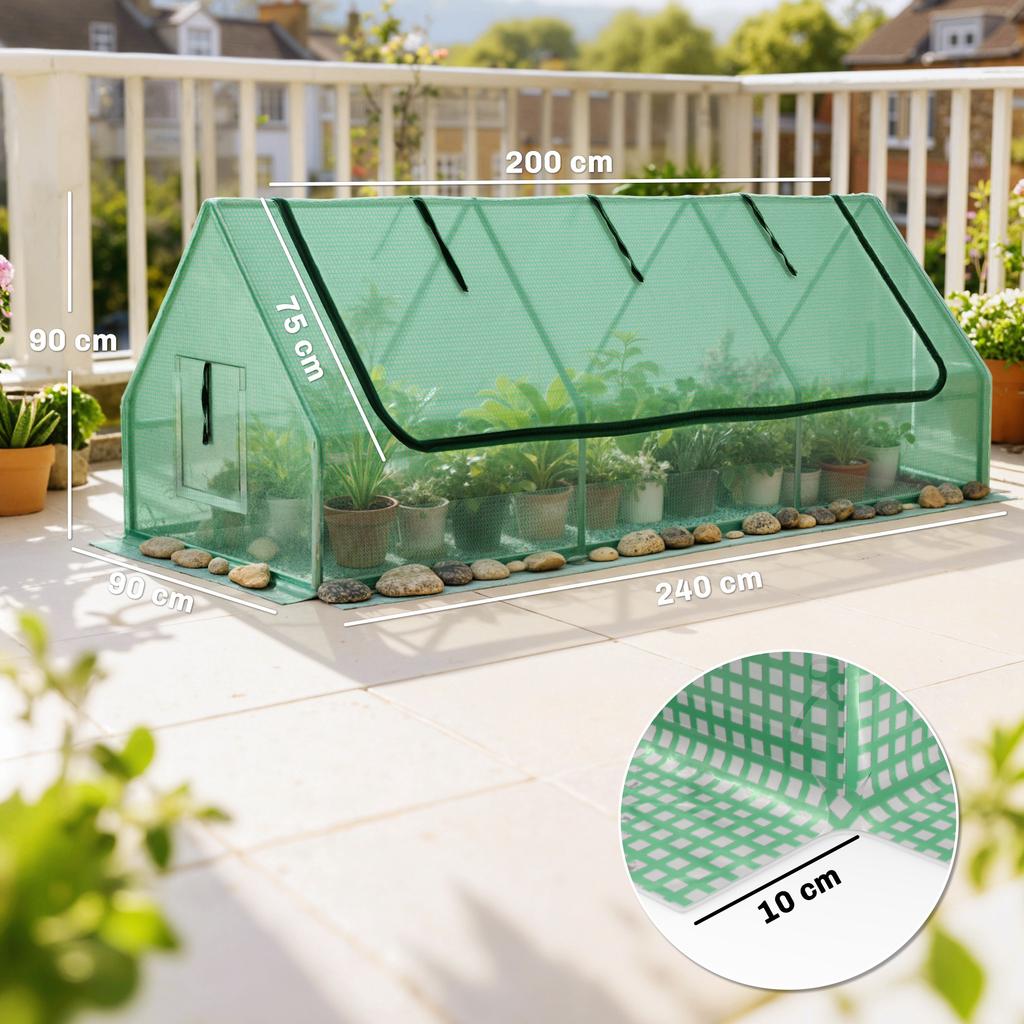 Portable Small Polytunnel Mini Greenhouse With Mesh Windows For Indoor And Outdoor 240x90x90cm Green