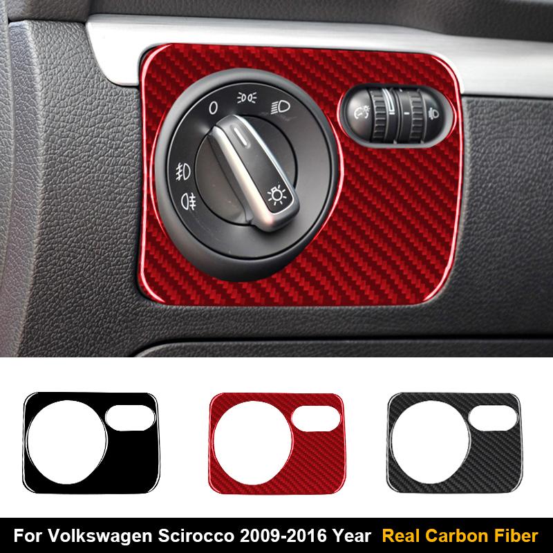 1PC Real Carbon Fiber Car Headlight Switch Panel Frame Decorative Sticker For Volkswagen Scirocco 2009-2016 Interior Accessories