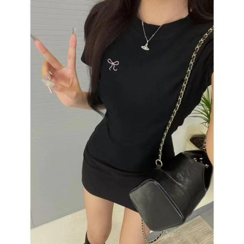 Женская футболка с коротким рукавом и вышивкой в виде банта для лета, облегающая, с открытыми плечами, студенческая, с круглым вырезом, базовая футболка