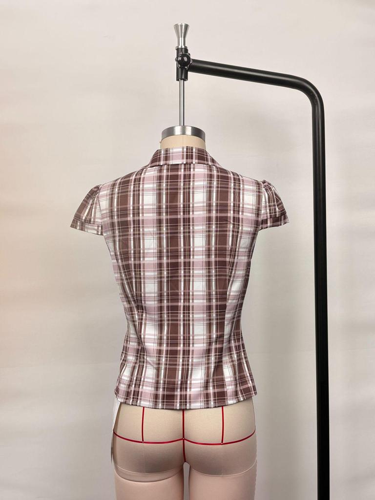 Женская укороченная клетчатая рубашка с лацканами, ретро-стритвир с акцентом на талию для лета