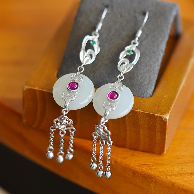 Hetian Jade Blue White Jade S925 Silver Inlaid Safety Clasp Earrings
