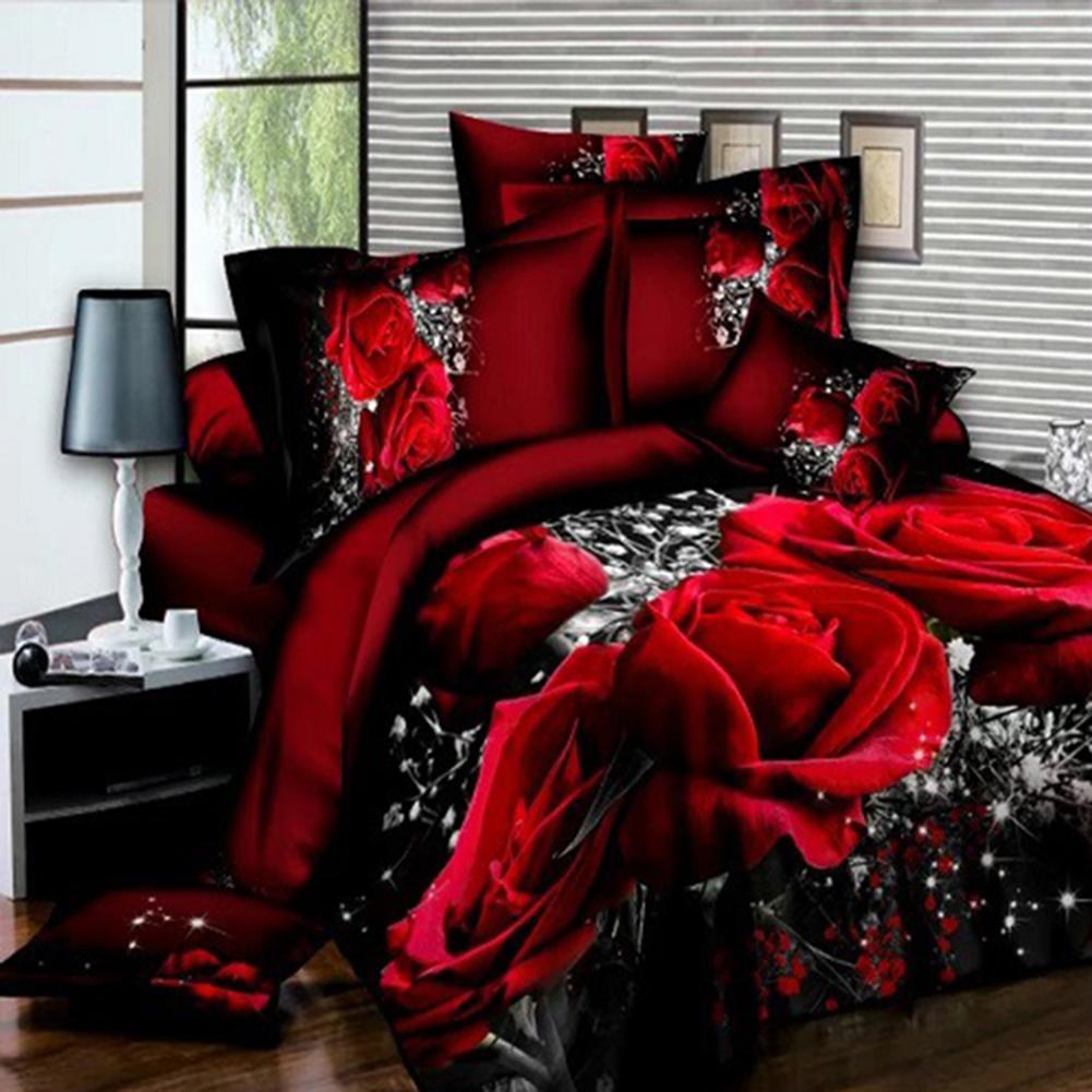 4 PCS 3D Big Red Rose Floral Bedding Sets Wedding Duvet Cover Sheet Pillow Cases Double Bed Sheet Comforter Quilt King Size