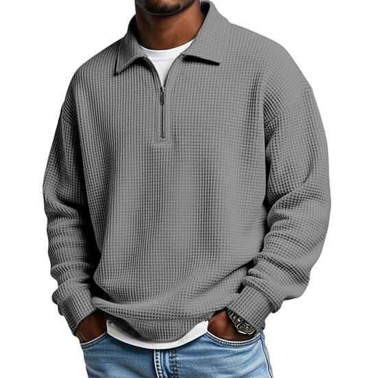 Мужской свитшот, вафельная текстура, длинный рукав, молния до середины, классический отложной воротник, пуловер, однотонный, свободный крой, повседневный спортивный топ