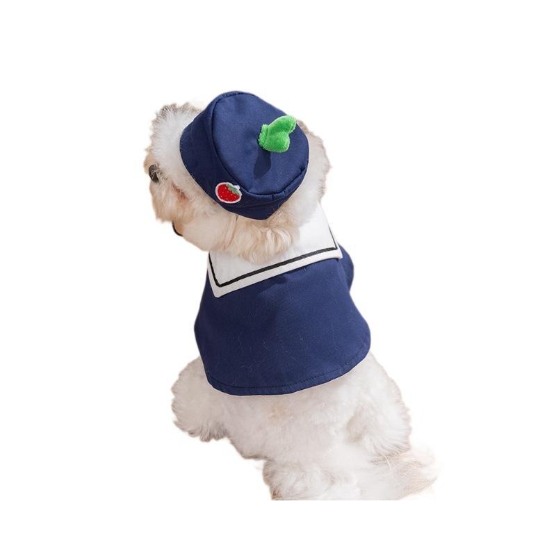 Cute Sailor Dog Cape with Matching Hat Navy Blue Pet Cloak with Sailor Collar Pet Costume for Bichon Pomeranian Teddy