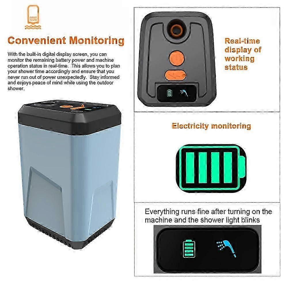 Portable Electric Shower Rechargeable with Intelligent Digital Display for Camping, HikingOrange 1 S