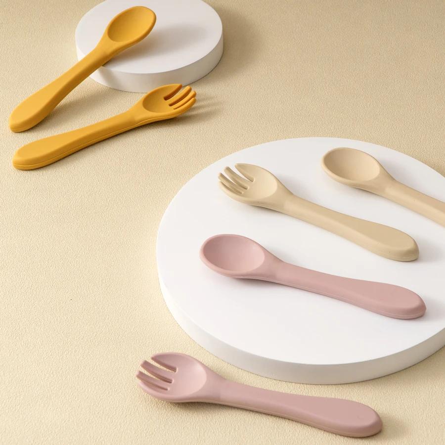 2pcs Bpa-free Soft Silicone Spoon And Fork Feeding Set For Babies Toddler Cutlery Solid Food Tableware Children