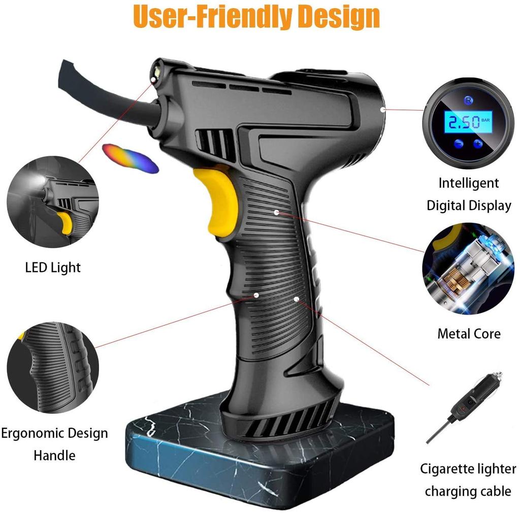 Насос для подкачки шин, воздушный компрессор, портативный, с ЖК-экраном, цифровым манометром, светодиодной подсветкой и возможностью зарядки от прикуривателя