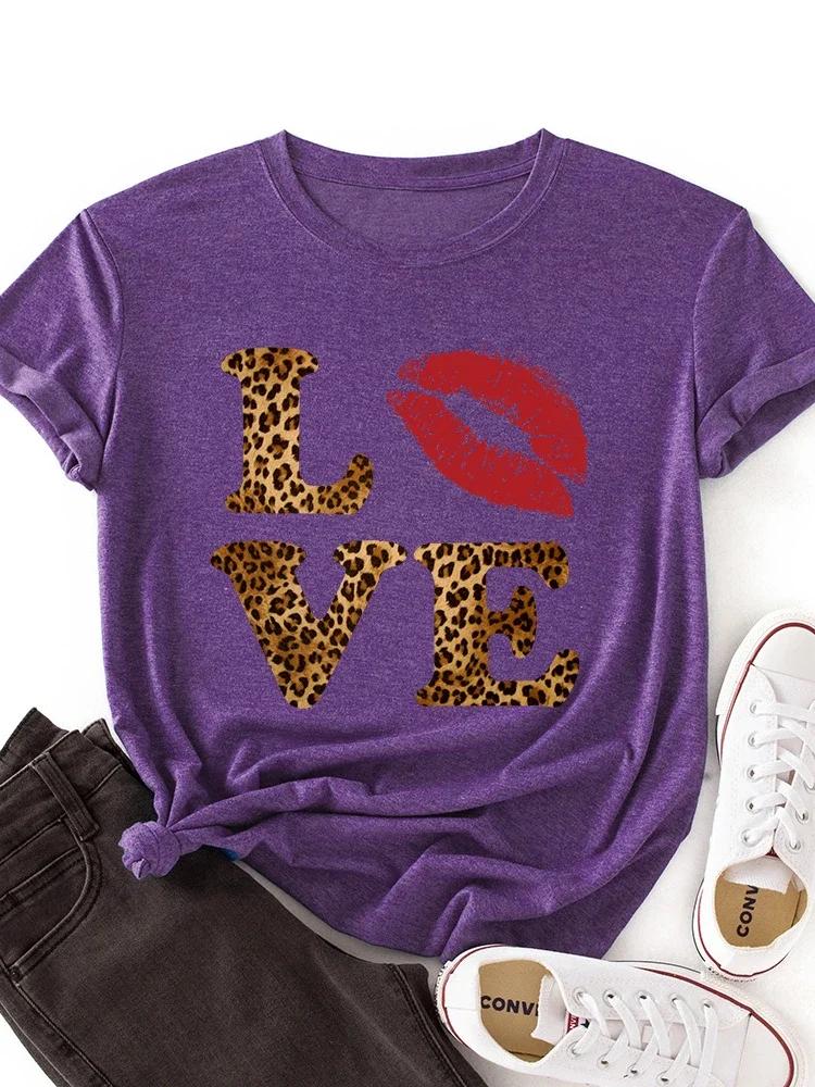 Футболка с принтом Leopard Love Red Lip, женская, с коротким рукавом и круглым вырезом, свободная, летняя женская футболка, топы, одежда, женские футболки