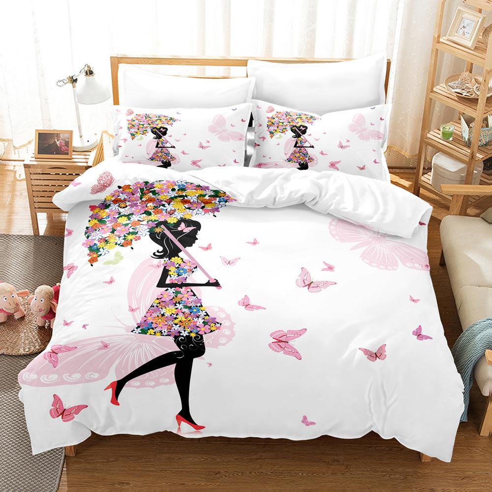 3D Single/Double Bed Flower Fairy Bedding Set Girl Room Duvet Cover 2/3pcs AU140 * 210 Full Size Children's Room Soft Home Textile