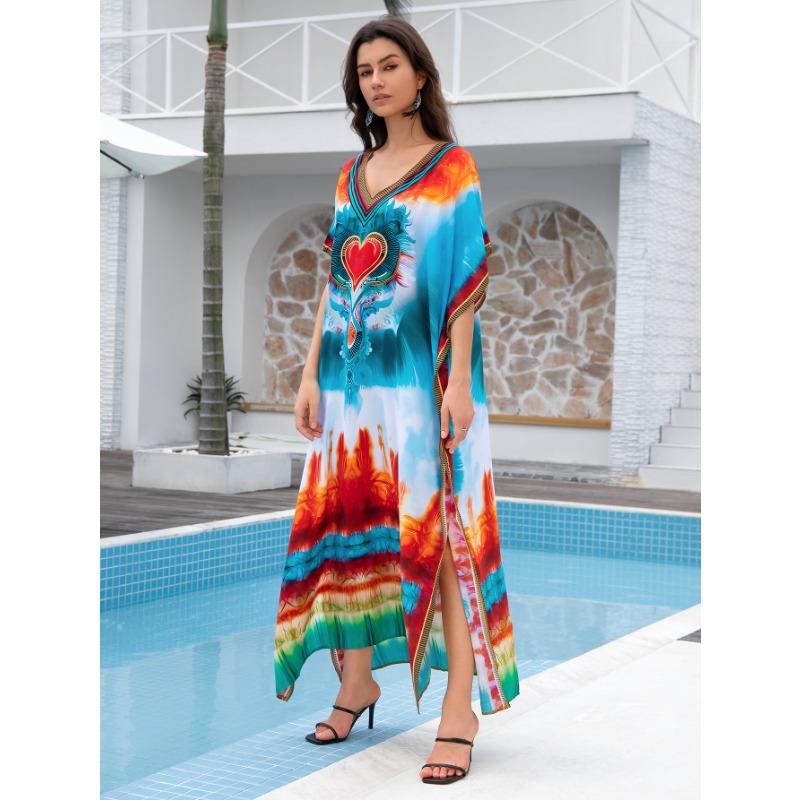 Женская мода лето весна перо принт рукава 1/2 V-образный вырез свободная талия повседневные платья