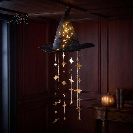 Witch Hat with LED Glow Lighted Hanging Chime, Halloween Ornament Patio Holiday Atmosphere Lights Star Tassels, Magical Light for Porch Window Indoor