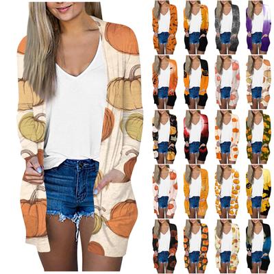 Женская мода, повседневный кардиган средней длины с цветочным принтом на Хэллоуин, куртка, пальто