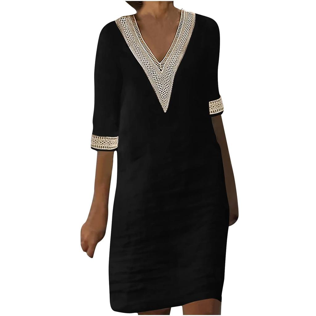 Women's Solid Color V-neck Mid Sleeve Cotton Linen Casual Dress