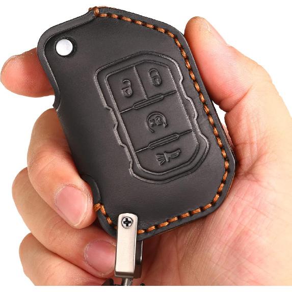 EASYANT Handmade Leather Car Key Fob Cover Compatible with Jeep 2018-2024 Wrangler Gladiator Sahara Rubicon 4 Buttons Black
