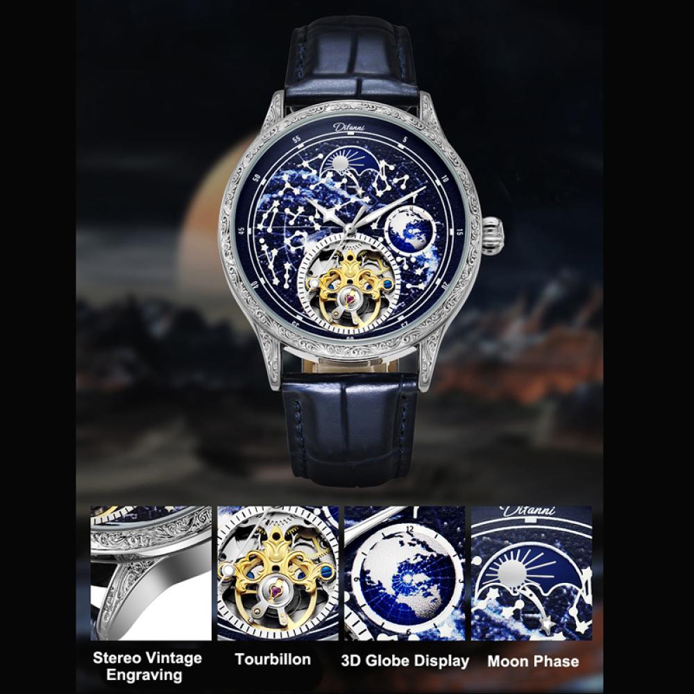 Dulunwe Механические часы Brilliant Starry Sky Luminous Tourbillon, уникальные мужские наручные часы Hollow Skeleton с автоматическим механизмом
