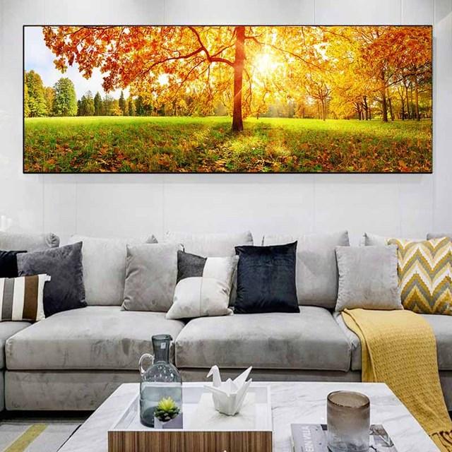 Пейзаж Зеленый Желтый Лес Дерево Холст Картина Солнечный свет Плакаты и принты Настенные Панно Гостиная Домашний Декор Без Рамки