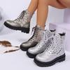 Retro Sequined Martin Boots 2025 Autumn and Winter New Muffin Thick-soled Versatile Front Lace-up Heightening Women's Short Boots